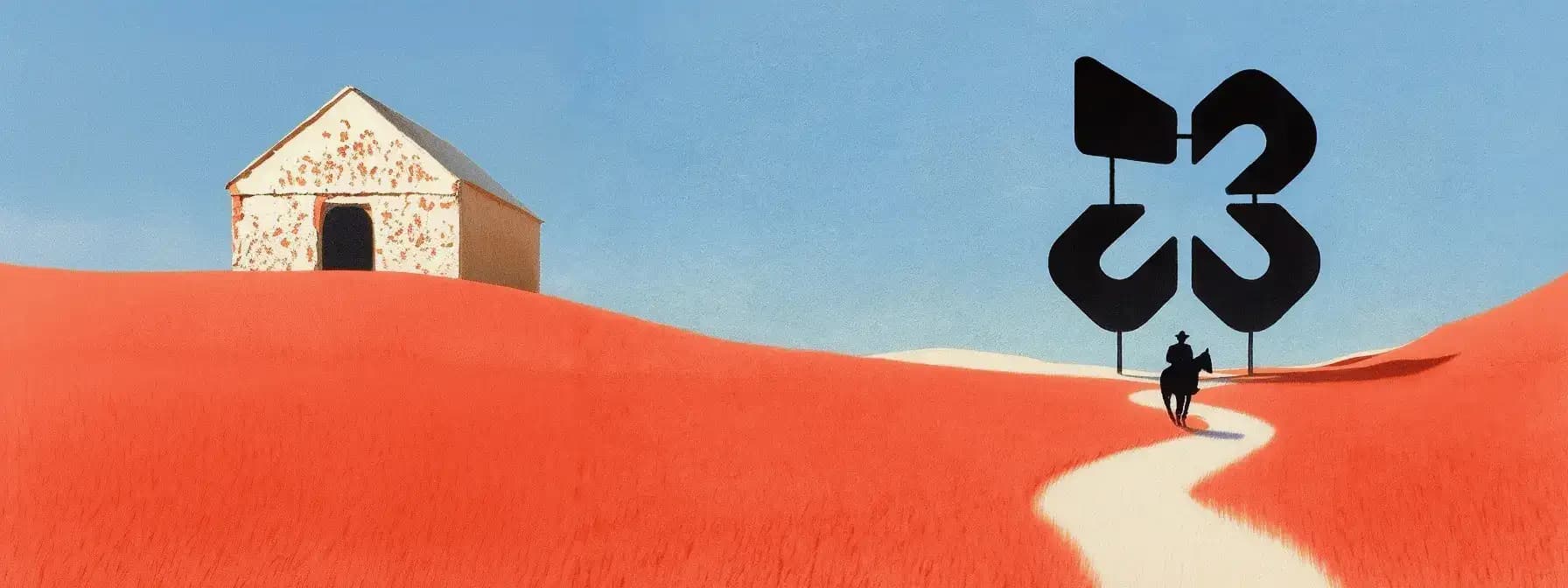 Painterly landscape: a lone rider crossing a crimson field