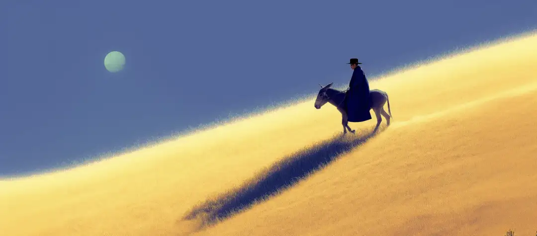 Cinematic desert dune with a rider under a pale moon