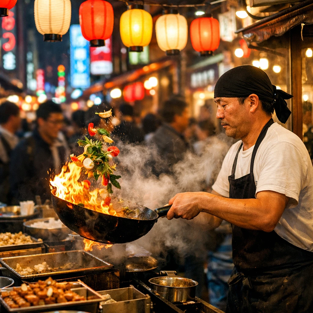 Street food market in Tokyo at night, chef tossing flaming wok with vegetables mid-air, steam rising, colorful paper lanterns overhead, motion blur on crowd in background, vibrant neon signs, photojournalism style.