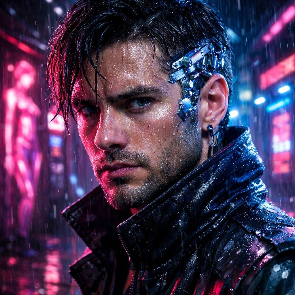 Portrait of a cyberpunk hacker, neon pink and blue rim lighting, chrome cybernetic implants on temple, rain droplets on skin, dark alley background with holographic advertisements, hyper-detailed, 8K.