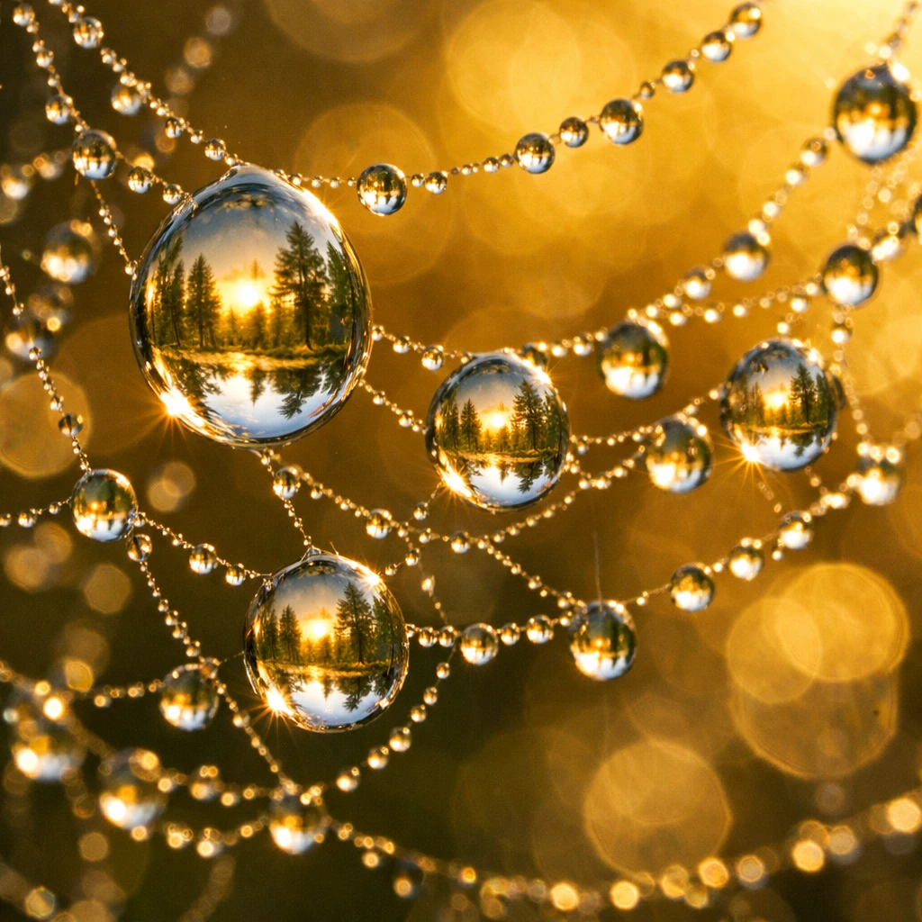 Macro photograph of morning dew drops on spider web, each droplet reflecting a tiny forest landscape, soft bokeh background, golden backlight, extreme detail, nature photography.