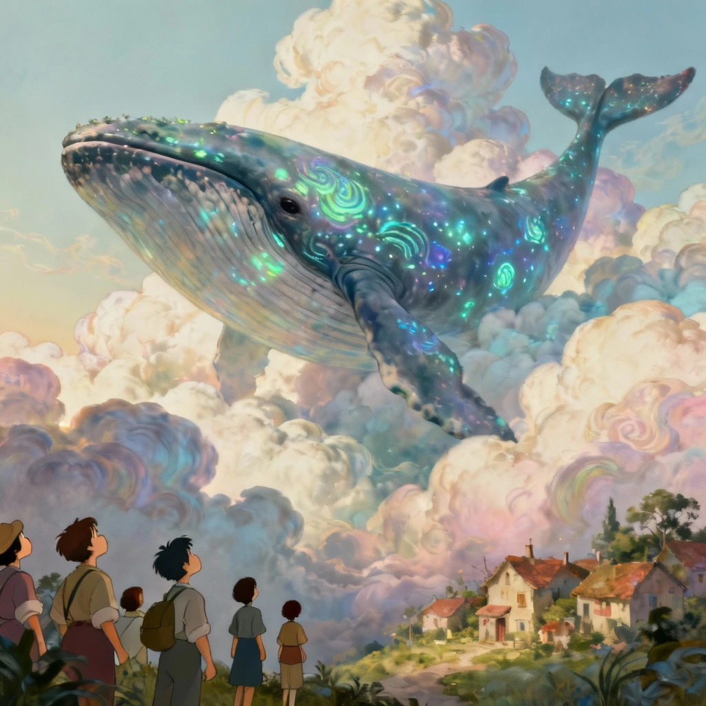 Surrealist artwork of a giant whale swimming through clouds above a tiny village, bioluminescent patterns on whale skin, villagers looking up in wonder, dreamlike atmosphere, style of Salvador Dali meets Hayao Miyazaki.