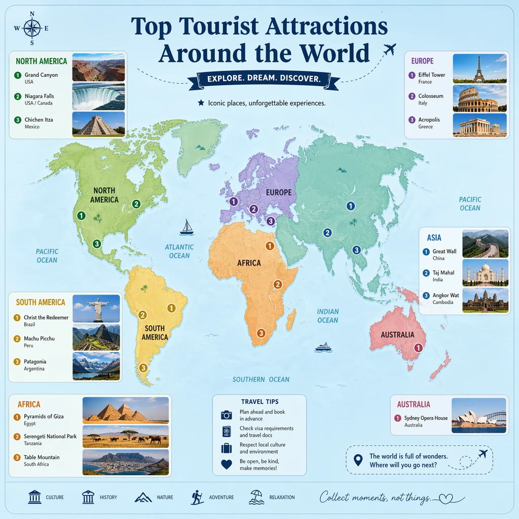 Generate a map of recommended tourist attractions around the world.