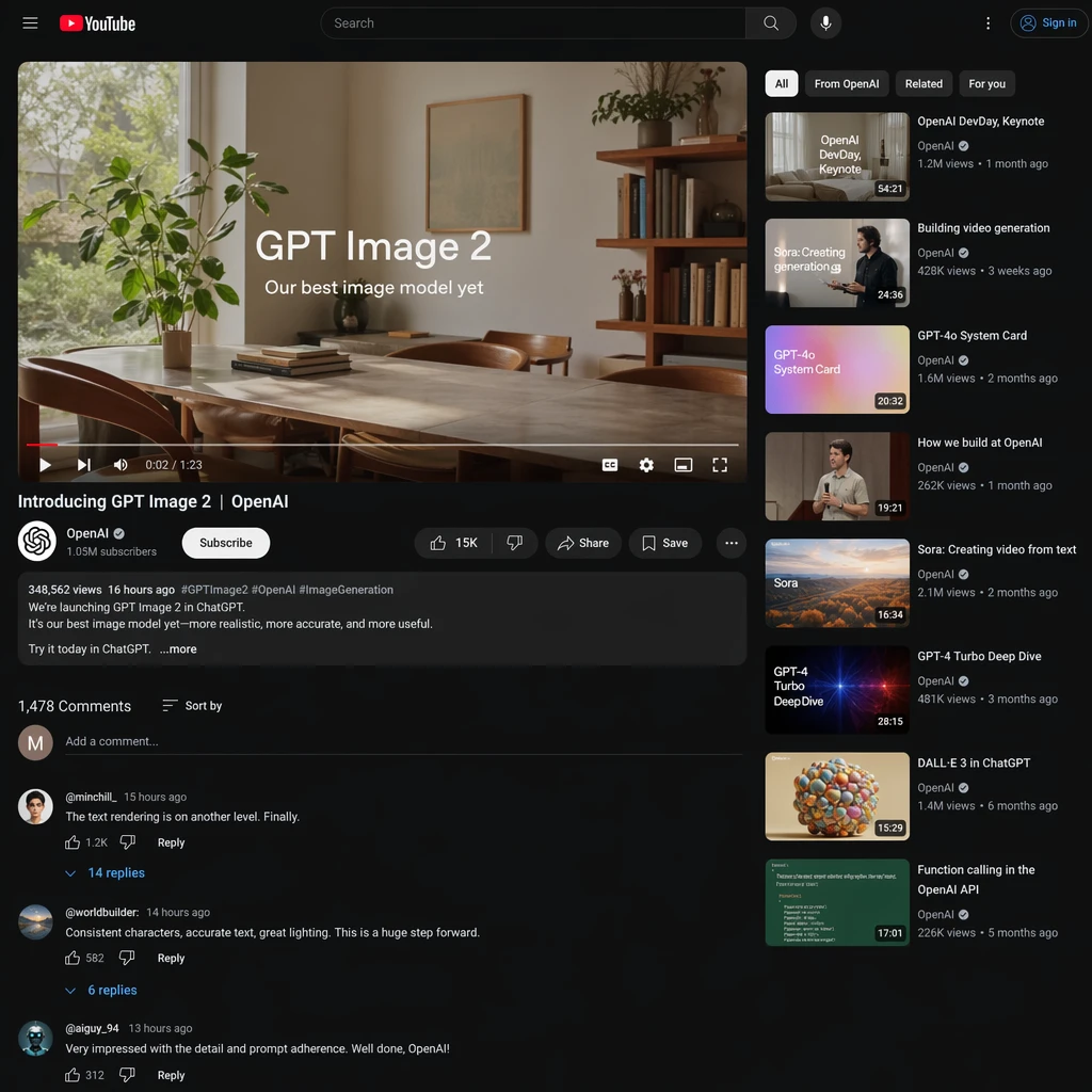 Generate an image: A realistic YouTube screenshot showing the official launch promotional video for GPT Image 2 from OpenAI's official account, with comments.