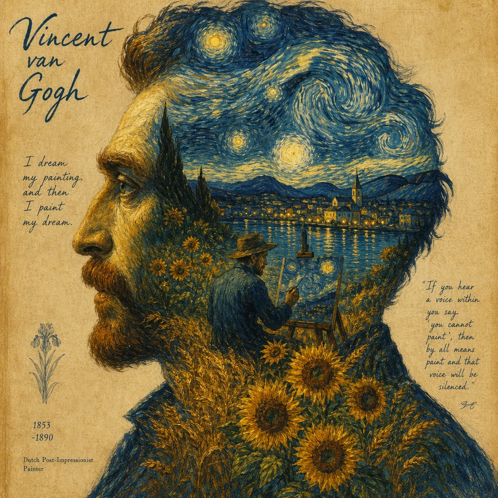 Vincent van Gogh style oil painting, side profile portrait of a man, double exposure composition, inside the silhouette a surreal landscape with swirling starry night sky, glowing stars, sunflowers and wheat field, thick expressive brush strokes, post-impressionism style.