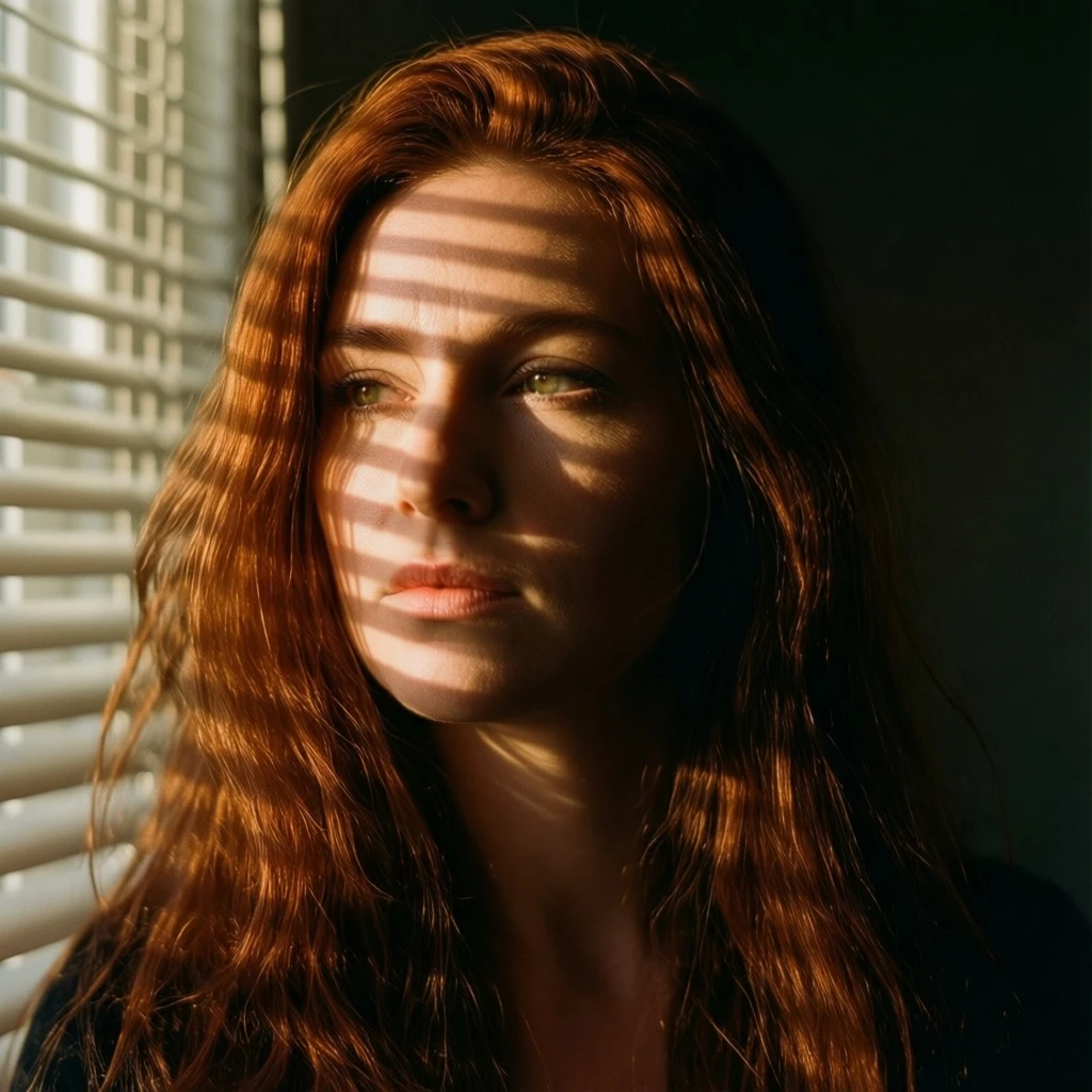 A 25-year-old woman with flowing auburn hair, captured in golden hour light streaming through venetian blinds, creating dramatic shadow patterns across her face. Shot on Hasselblad H6D-100c, 85mm f/1.4 lens, shallow depth of field, film grain, Kodak Portra 400 color science. Cinematic composition with negative space, melancholic atmosphere.