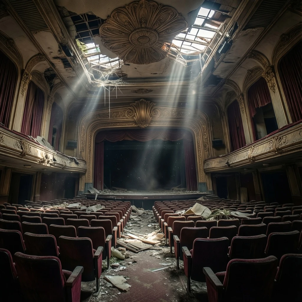 Abandoned Art Deco cinema interior, dust particles floating in shafts of light from broken skylights, ornate ceiling details crumbling, velvet seats covered in decades of debris. Wide angle lens distortion, HDR dynamic range, mysterious atmosphere, urbex photography aesthetic.