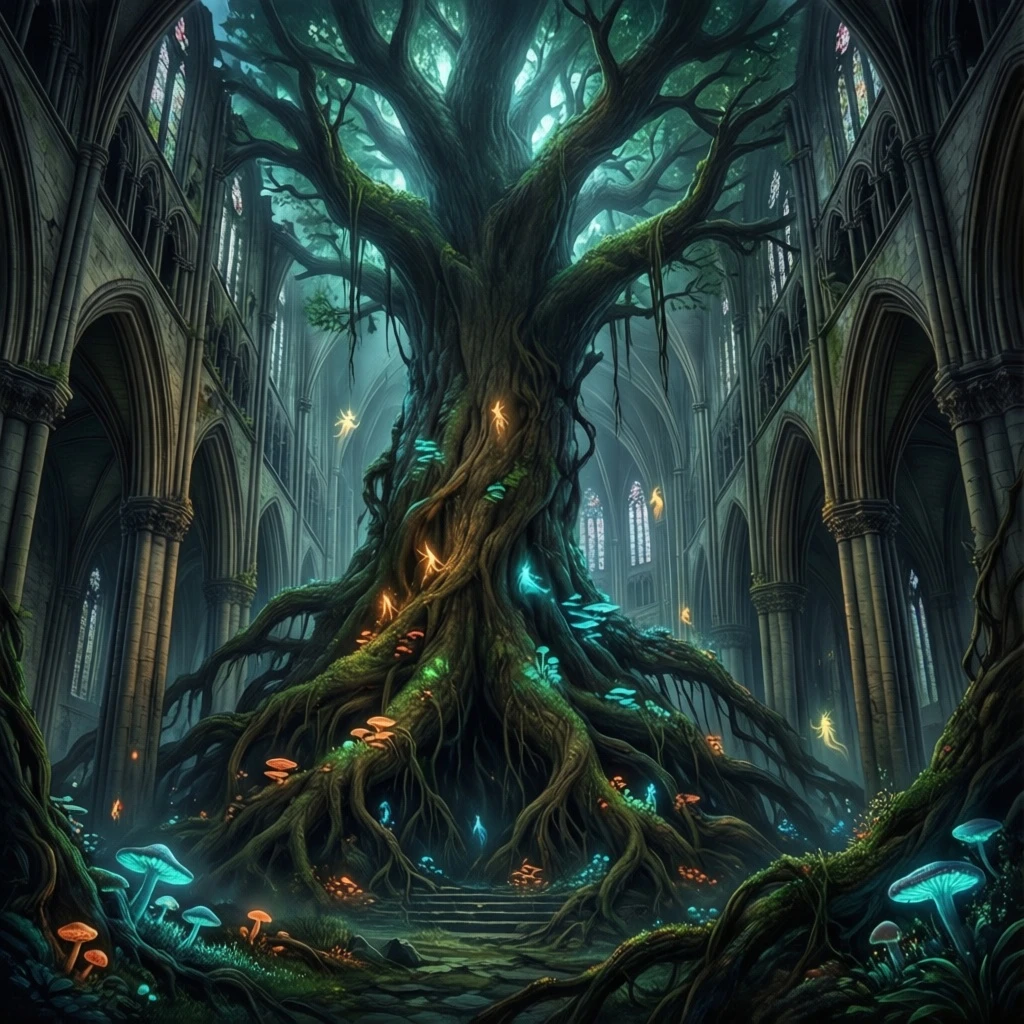 A colossal ancient tree growing through a collapsed cathedral, roots wrapped around gothic pillars, bioluminescent fungi illuminating the darkness, tiny floating spirits drifting upward like embers. Painted in the style of Craig Mullins meets Hayao Miyazaki, rich atmospheric perspective, matte painting quality, 8K resolution, epic scale.