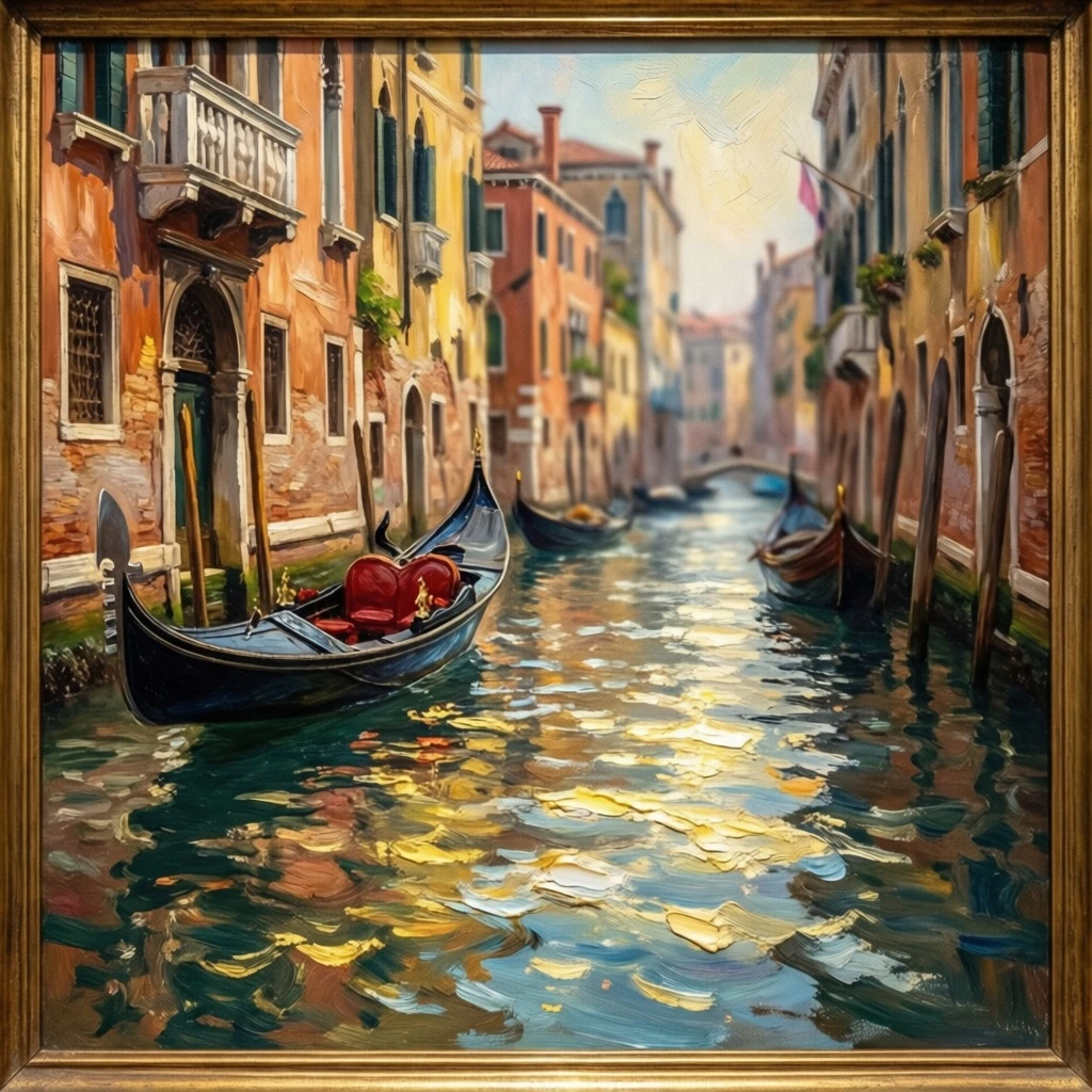 Venice canal scene in the style of John Singer Sargent, loose impressionistic brushwork capturing light dancing on water, gondolas in soft focus background, palazzo facades in warm terracotta and faded ochre. Oil painting texture, visible canvas weave, museum quality reproduction.