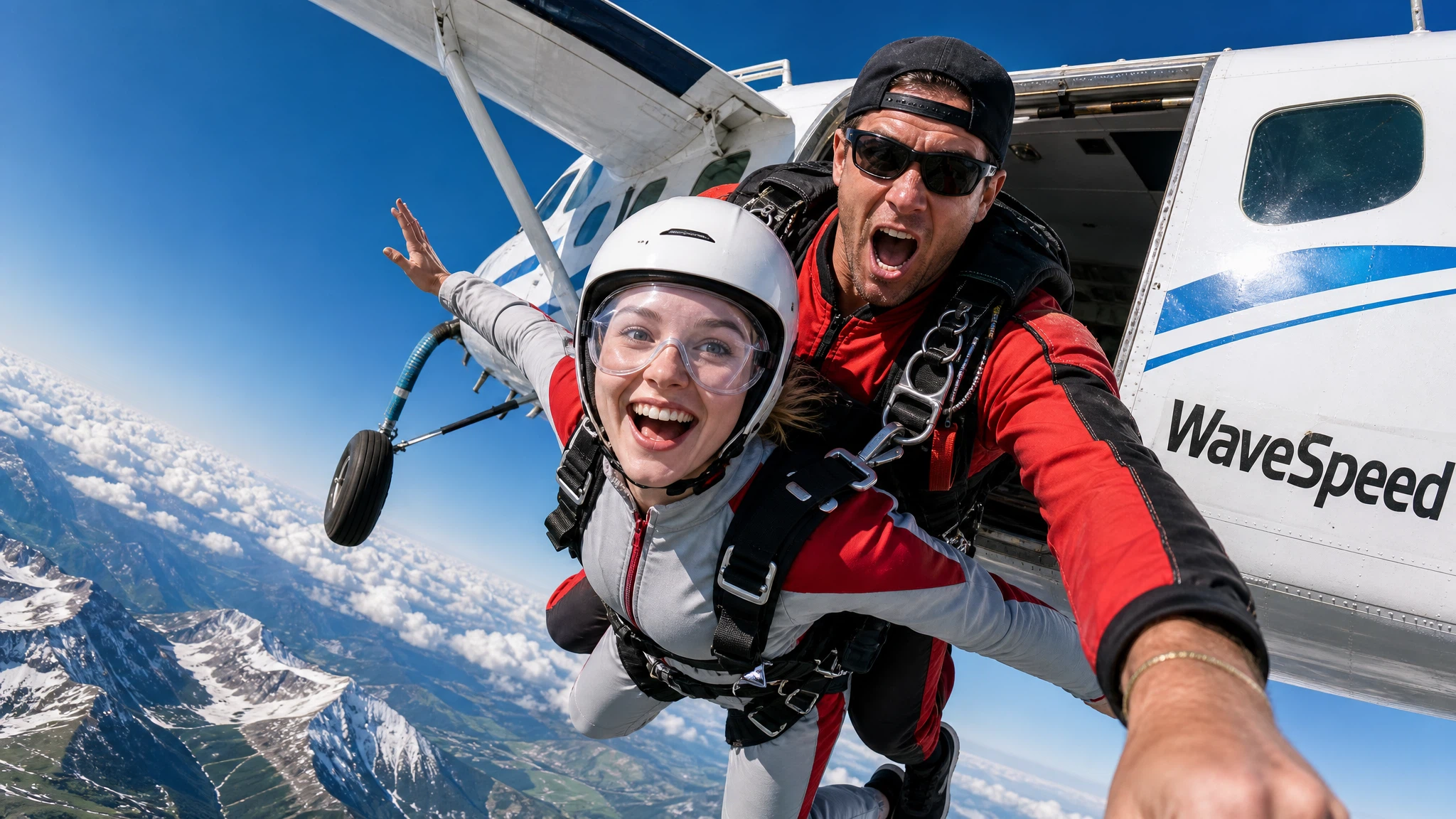 Wide-angle first-person selfie skydiving footage, tandem pair leaping out of skydiving plane, clear blue sky, sea of clouds and snow-capped alpine mountains; dynamic smooth camera, subtle handheld shake to simulate free fall, bright harsh midday sunlight, 4K 60fps cinematic travel adventure clip.