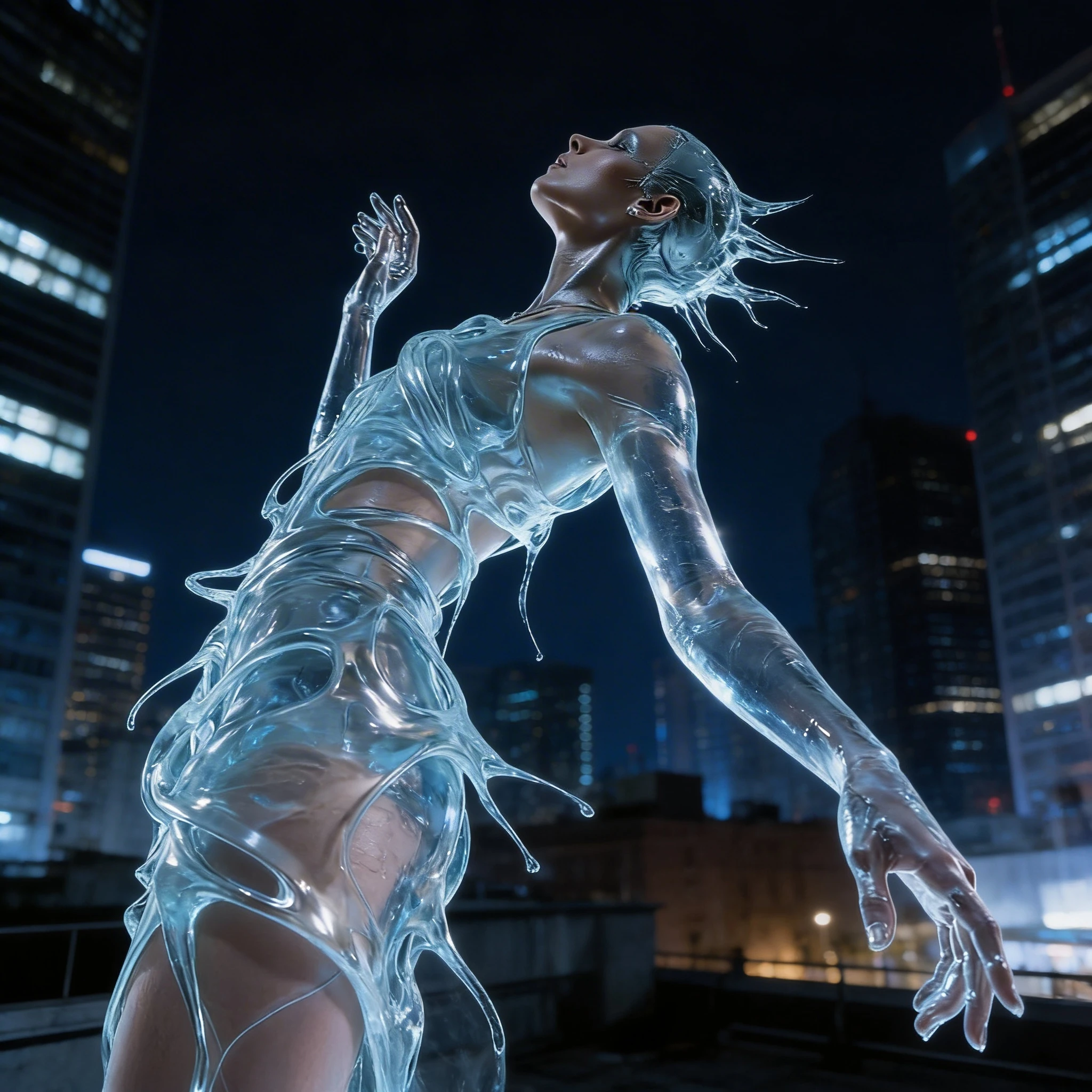 Keep the model's pose and the flowing shape of the liquid clothing unchanged. Change the clothing material from silver metal to completely transparent clear water (or glass). Through the liquid water flow, the details of the model's skin can be seen. The light and shadow change from reflection to refraction. Change the background to a night city.