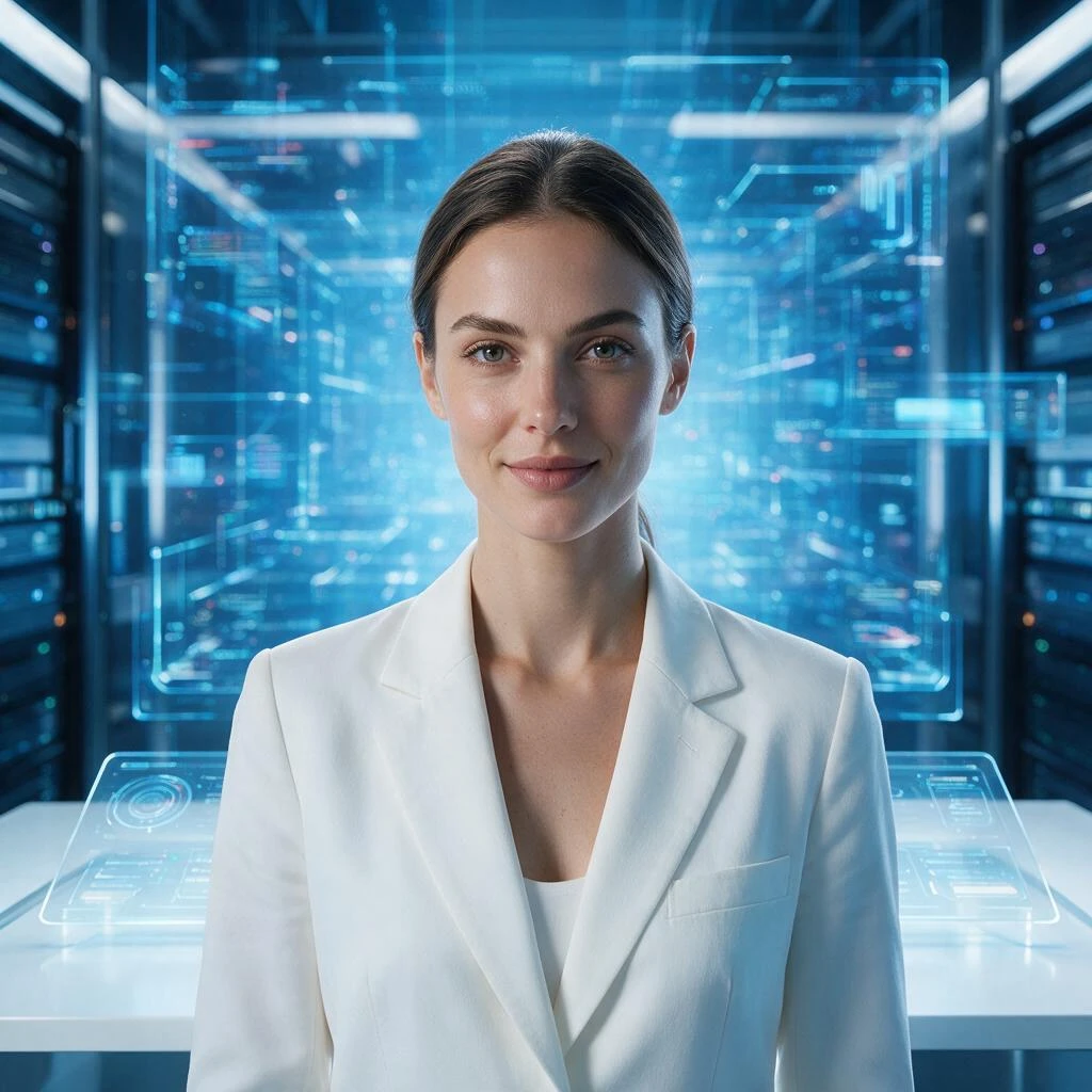 A professional young foreign woman standing in a futuristic AI studio, front-facing upper body portrait, wearing a clean white blazer, blue holographic technology background, soft cinematic lighting, premium corporate campaign style, photorealistic.