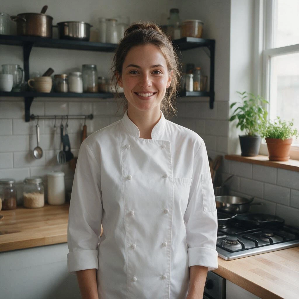 A young foreign female chef standing in a simple kitchen, wearing a clean white chef jacket, friendly confident expression, realistic lifestyle photography, soft indoor lighting.