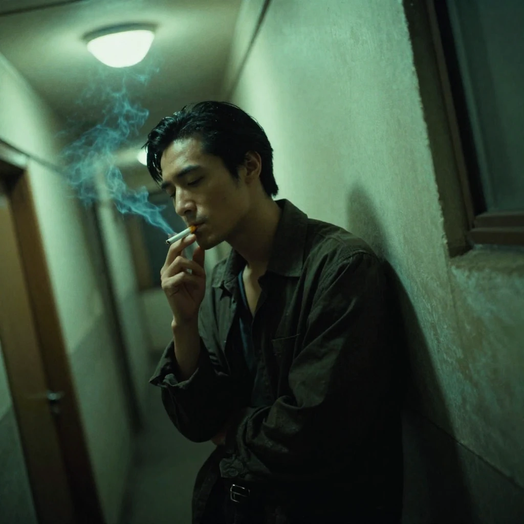 Wong Kar-wai film style, a lonely man smoking a cigarette in a narrow Hong Kong hallway, 1990s. Greenish fluorescent lighting, heavy shadows, moody atmosphere. Slight motion blur to create a dreamlike quality. Film grain, vignetting, emotional, cinematic composition, dutch angle shot.