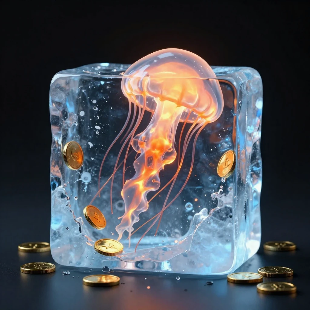 A translucent jellyfish made of flowing liquid fire and smoke, floating inside a cube of solid ice. The ice is melting, dripping water that turns into gold coins. Stark contrast between the warm orange fire and cold blue ice. Studio lighting, black background, 3D render style, caustics lighting effects, refraction, octane render, 8k.
