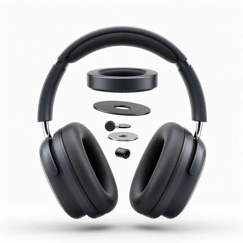 A clean exploded view diagram of modern over-ear headphones. All components are deconstructed and floating in mid-air to show the internal structure. White background, studio lighting, soft shadows, industrial design style, high resolution, photorealistic, 8k.