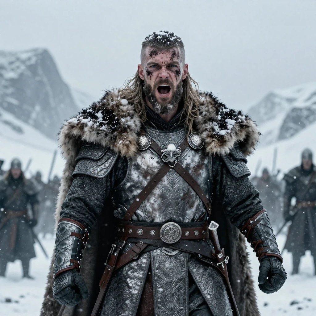 Cinematic wide shot of a battle-worn viking warrior standing in a blizzard. Wearing intricate silver armor with fur cloak. Face covered in mud and war paint. Snowflakes landing on eyelashes. Intense gaze, screaming. Epic mountain background, overcast sky, desaturated colors, gritty texture, highly detailed armor, 8k.