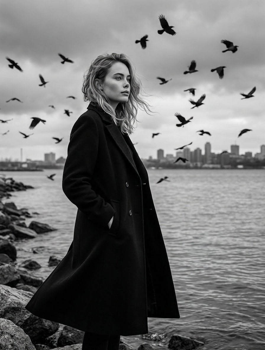 Create an ultra-realistic black-and-white cinematic portrait using the uploaded image as the ONLY identity reference. Preserve the exact face, hairstyle, facial structure, skin texture, expression, and overall identity.

The subject stands alone on a rocky shoreline beside a calm body of water, wearing a long black overcoat. Their hands are in their coat pockets while they gaze thoughtfully into the distance.

Camera framing: full-body portrait, camera positioned at eye level, subject occupying approximately 60–70% of the frame height. The camera is relatively close to the subject, creating a strong presence while still showing the entire body. Maintain the same framing as a professional fashion editorial photograph.

Head pose: the subject is not looking at the camera. Their head is turned approximately 45–60 degrees to the side, showing a strong side profile similar to a candid cinematic shot. Eyes focused toward the distant horizon. Natural jawline definition and profile silhouette are clearly visible.

Wind blows through their hair and coat, creating natural movement.

A large flock of crows circles overhead and around the subject, filling the dramatic sky. The background features a distant city skyline across the water, heavy storm clouds, and a vast overcast horizon.

Style: ultra-realistic black-and-white photography, dark romantic gothic aesthetic, luxury fashion editorial, cinematic realism, premium magazine composition.

Mood: mysterious, melancholic, elegant, introspective, timeless.

Quality: 8K Ultra HD, hyper-realistic facial details, realistic fabric textures, masterpiece quality.

Negative Prompt: front-facing portrait, looking at camera, selfie angle, close-up headshot, beauty filters, face distortion, identity change, cartoon, anime, CGI, watermark, text, logo.