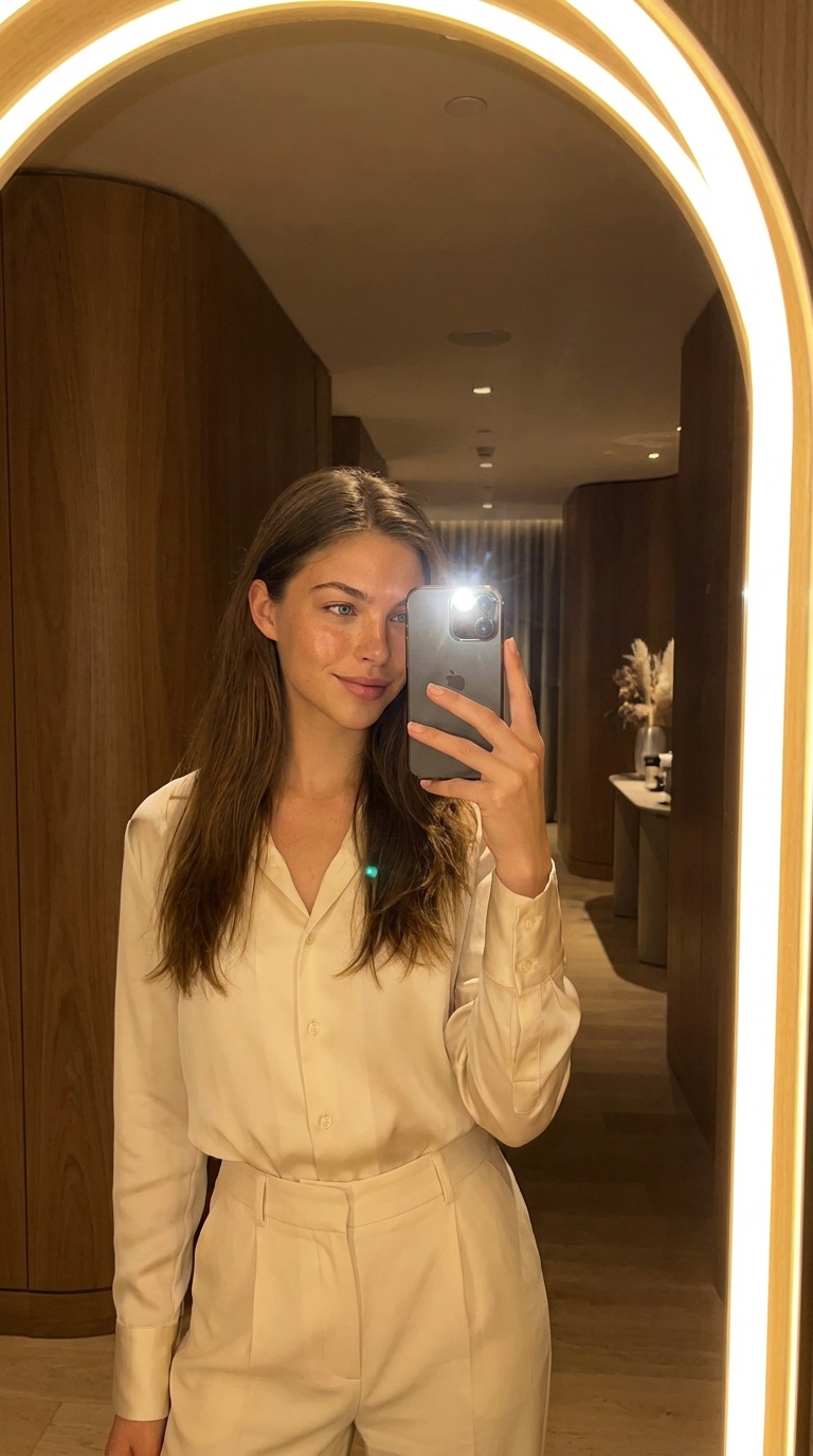 Create a realistic viral glow mirror selfie using the reference person. Preserve the person's facial identity, hairstyle, body proportions, and natural expression. Show them standing in front of a large glowing oval mirror or arched LED mirror, holding a smartphone naturally for a mirror selfie. Use a luxury hotel hallway or modern bathroom interior with warm golden lighting, curved wall design, soft shadows, elegant decor, and clean aesthetic background. Style the person in a fashionable outfit with a relaxed confident pose. Add realistic mirror reflection, natural skin texture, soft bokeh, cinematic warm tones, and Instagram-ready viral photo editing style. Vertical 9:16, ultra realistic.