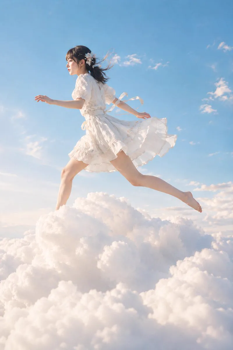 Fantasy photography of a woman running across clouds, generated from text