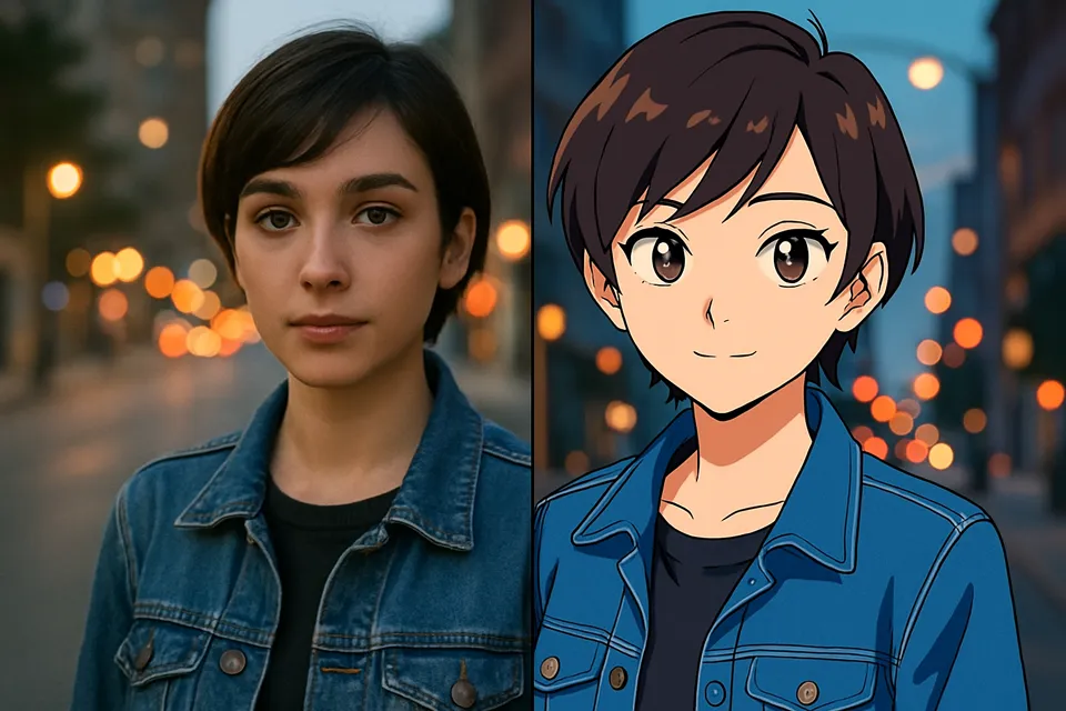 Photo portrait restyled into an anime illustration with image to image AI