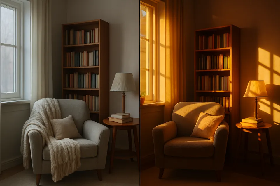 Interior photo relit to golden hour with image to image AI