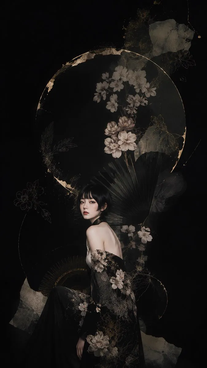 Dark floral kimono art portrait generated with AI