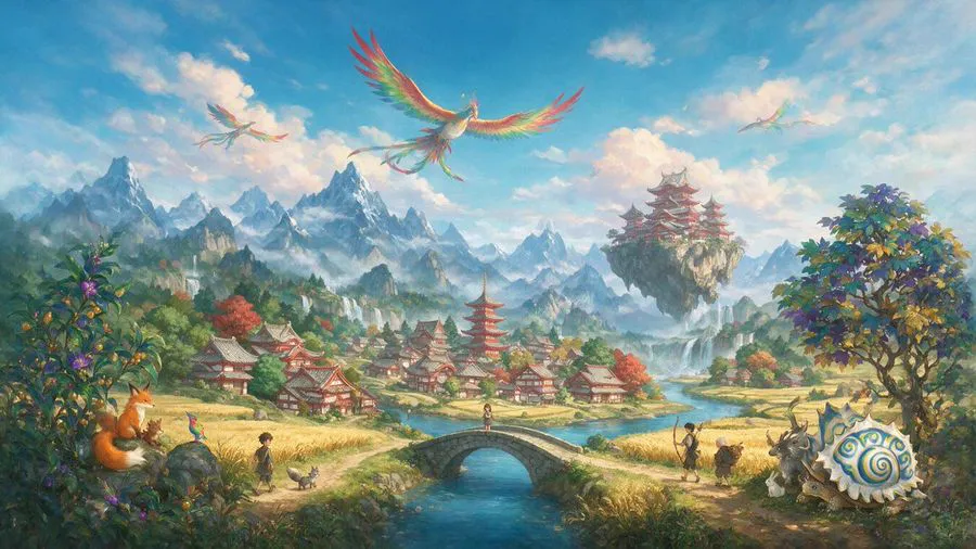 Whimsical phoenix mountain kingdom illustration generated from text