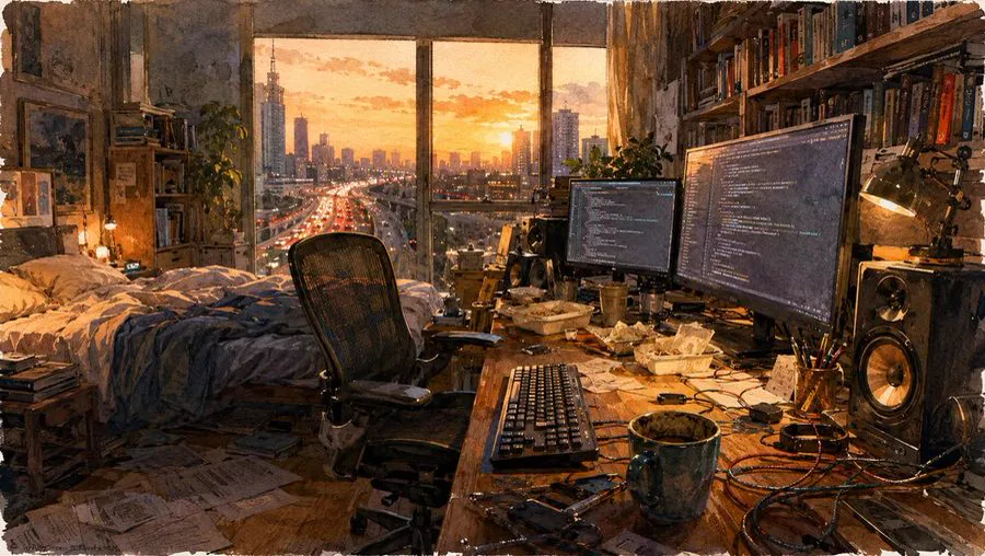 Watercolor illustration of a programmer's bedroom studio generated with AI