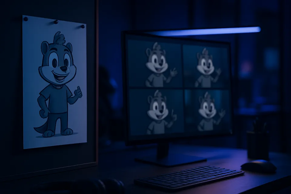 Brand mascot reference sheet kept consistent across video scenes