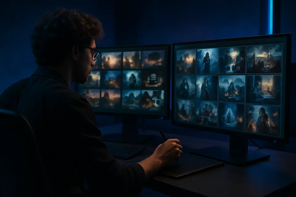 Designer reviewing AI-generated concept art and moodboards