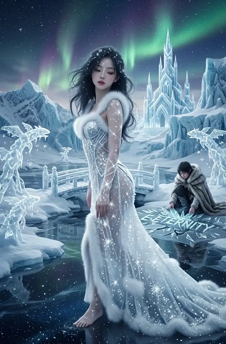 Snow queen in an ice palace generated from text